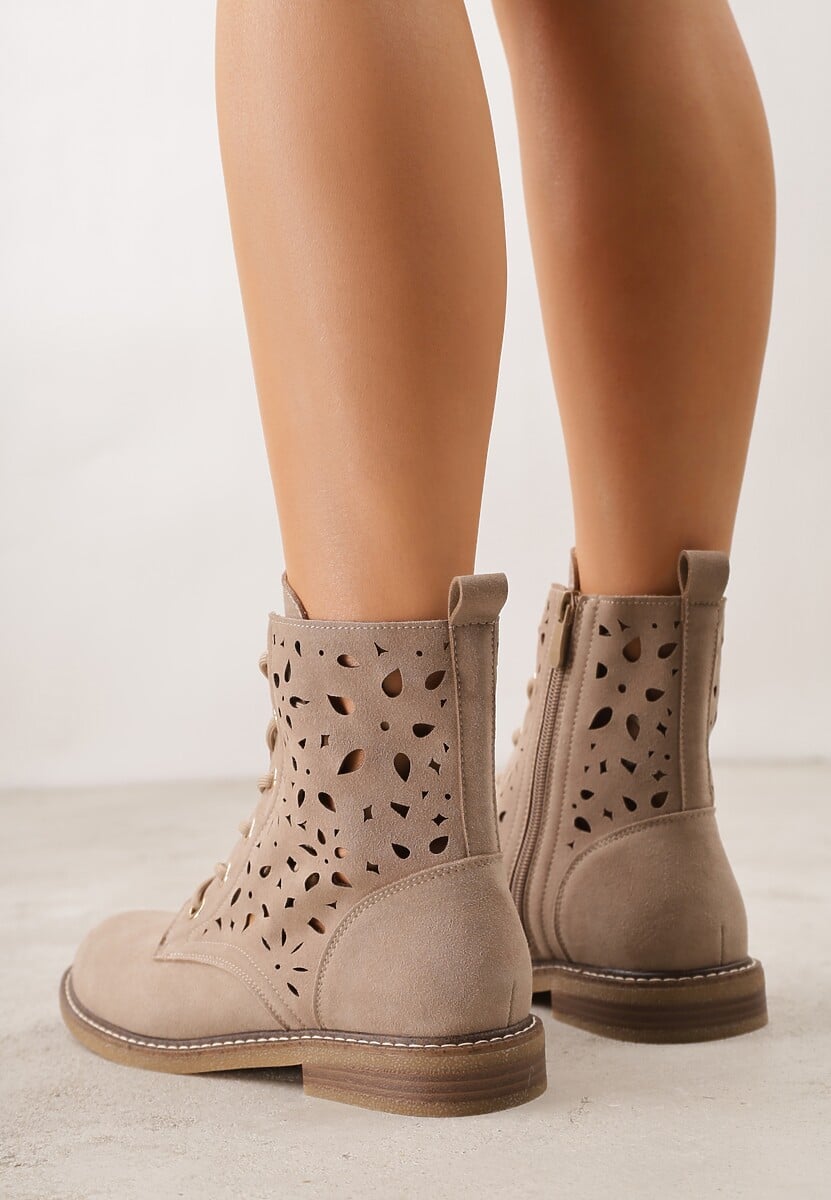 Ciemnobeżowe Skórzane Botki z Ażurowym Wzorem Kasona 3