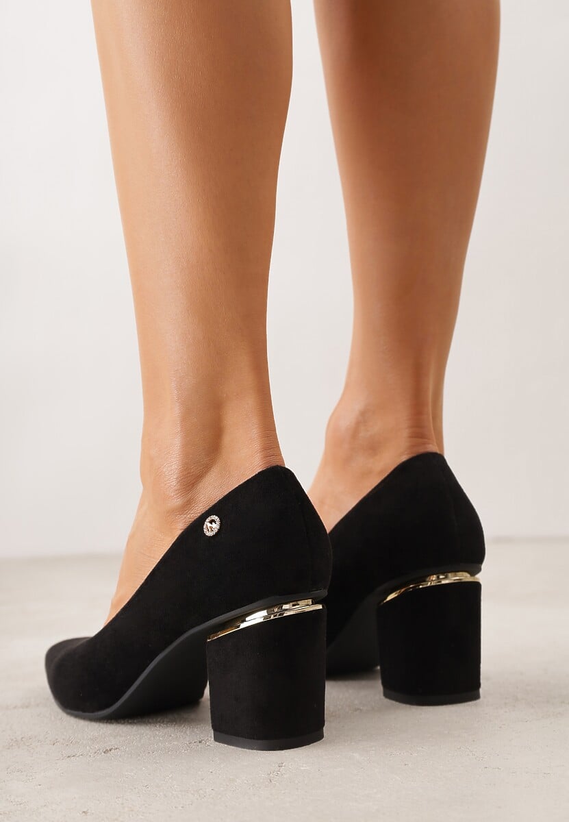 Czarne Czółenka na Słupku z Wkładką ze Skóry Naturalnej i  Metaliczną Ozdobą Dynaste 3