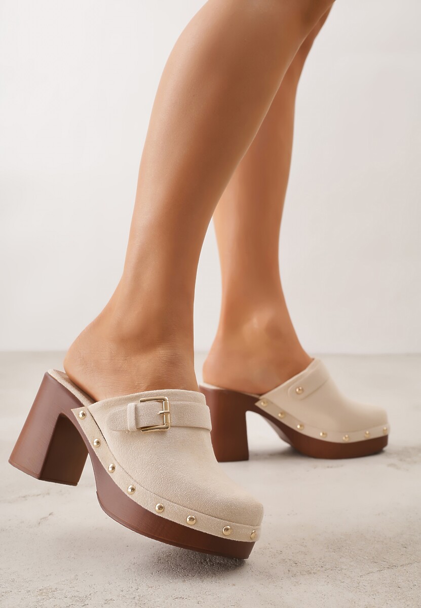 Beżowe Klapki na Słupku w Stylu Chodaków z Klamrami i Nitami Semelaia 1