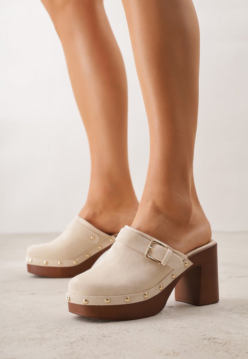 Beżowe Klapki na Słupku w Stylu Chodaków z Klamrami i Nitami Semelaia 2