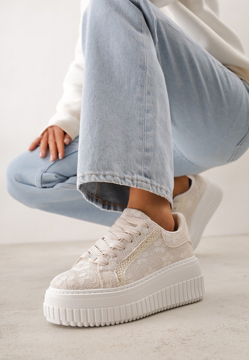Beżowe Sneakersy na Platformie z Cholewką z Koronką i Brokatem Chada 1