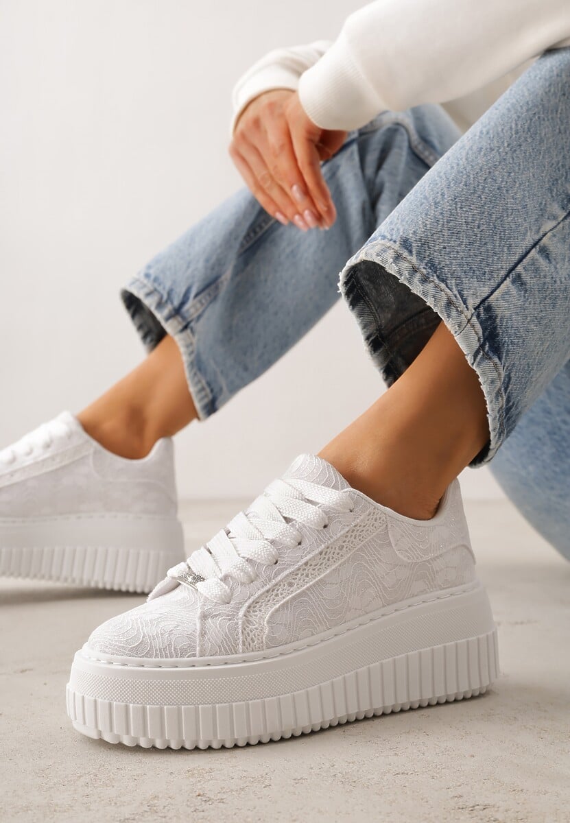Białe Sneakersy na Platformie z Cholewką z Koronką i Brokatem Chada 1