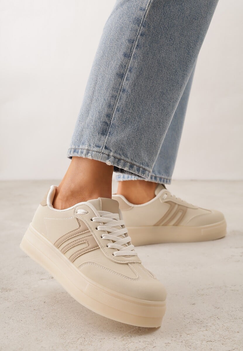 Beżowe Sneakersy w Stylu Klasycznych Tenisówek na Grubej Podeszwie Yenoinne 2