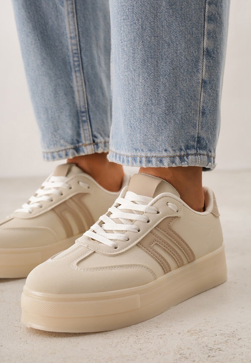 Beżowe Sneakersy w Stylu Klasycznych Tenisówek na Grubej Podeszwie Yenoinne 3