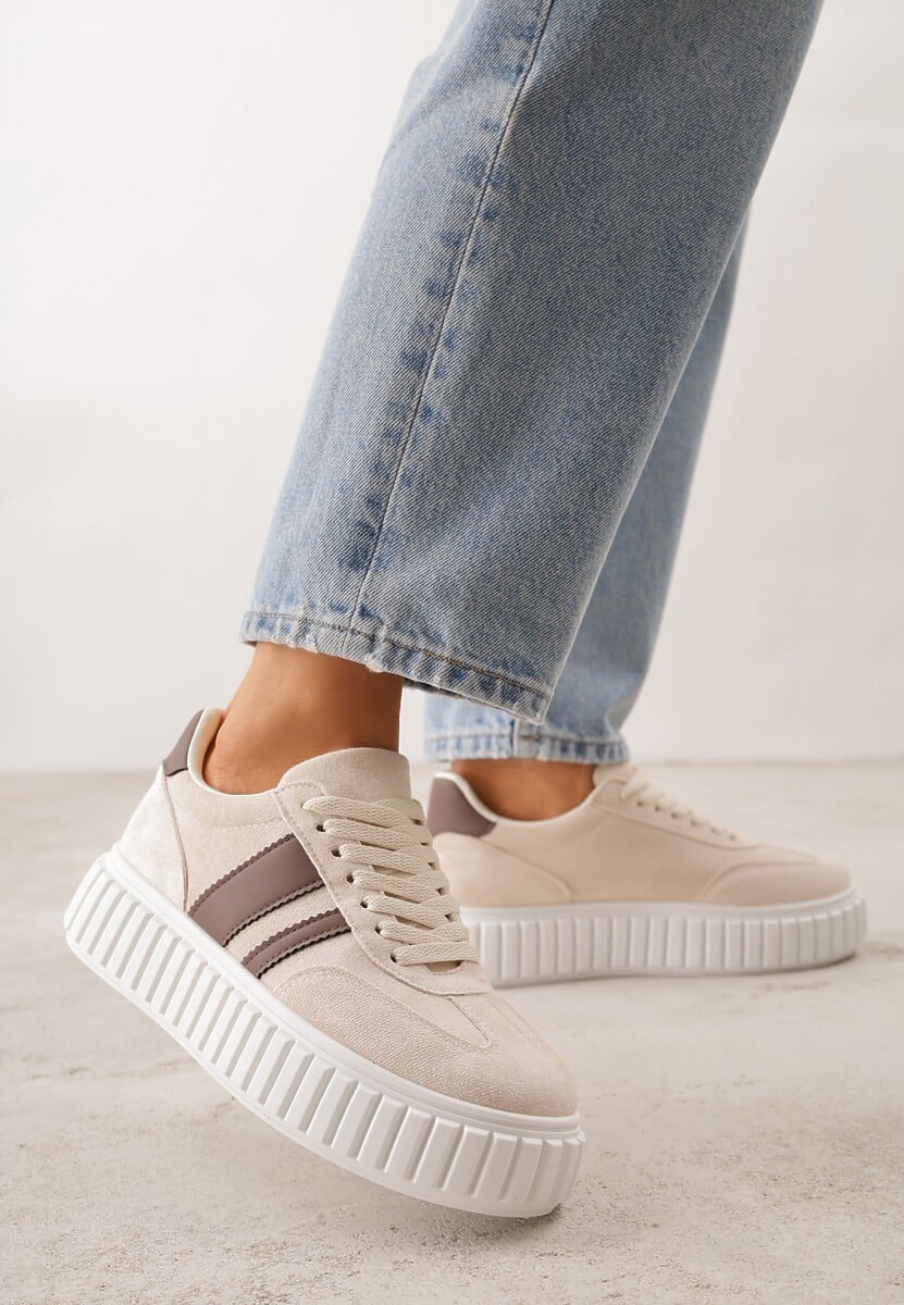 Beżowe Sneakersy na Tłoczonej Platformie Ozdobione Dwoma Paskami Hesaia 1