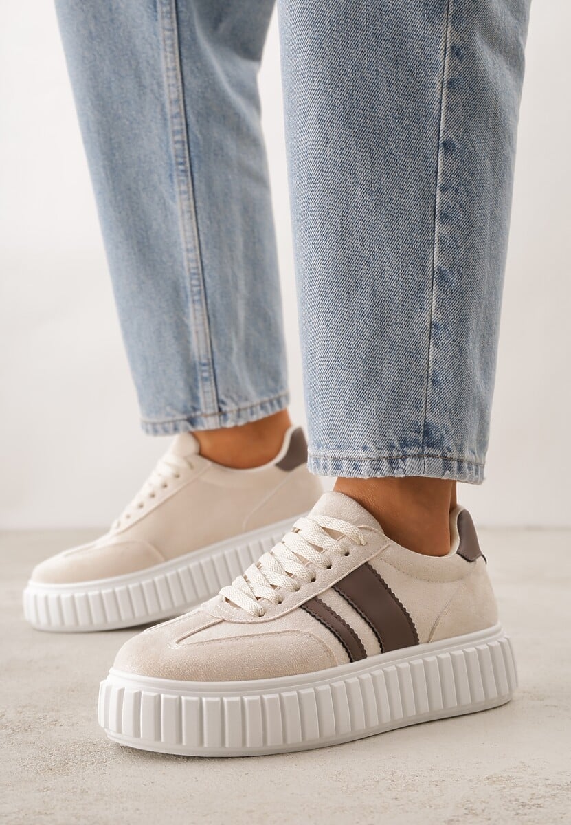 Beżowe Sneakersy na Tłoczonej Platformie Ozdobione Dwoma Paskami Hesaia 2