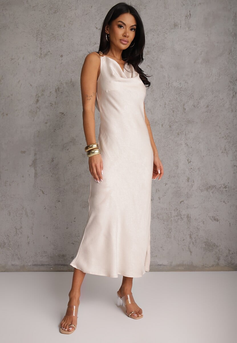 Beżowa Sukienka Slip Dress z Dekoltem Woda i Wiązaniem z Tyłu Atintina 1