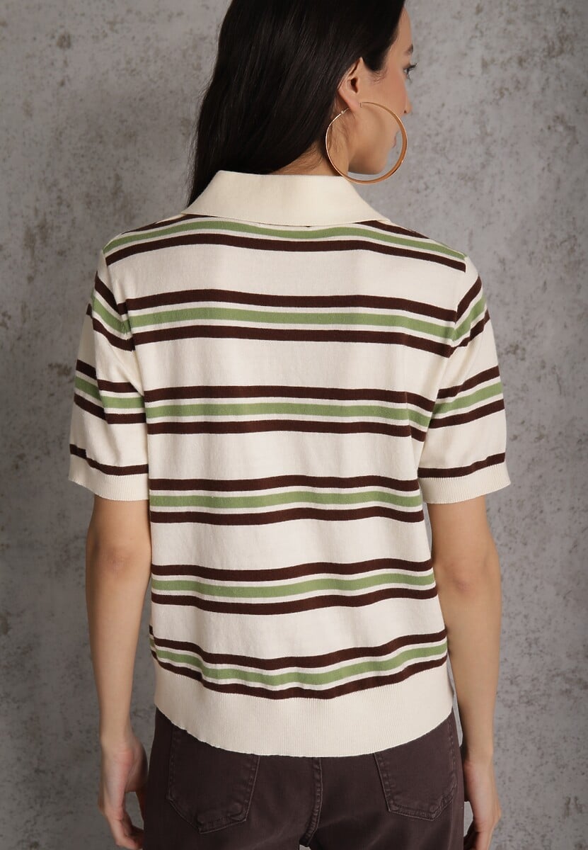 Zielono-Kremowy T-shirt Polo z Wiskozą w Paski z Guzikami Vevevia 3