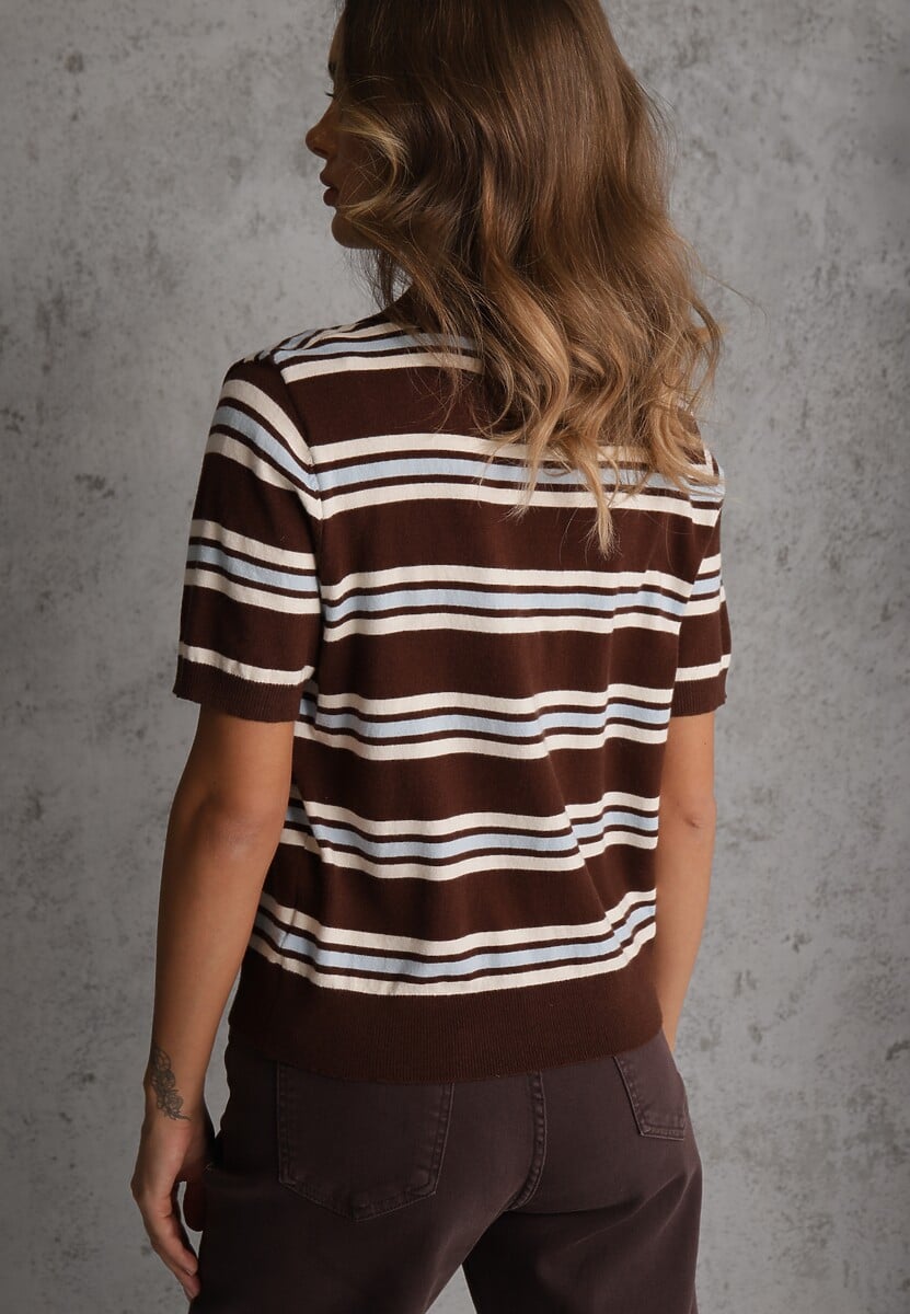 Brązowy T-shirt Polo z Wiskozą w Paski z Guzikami Vevevia 3