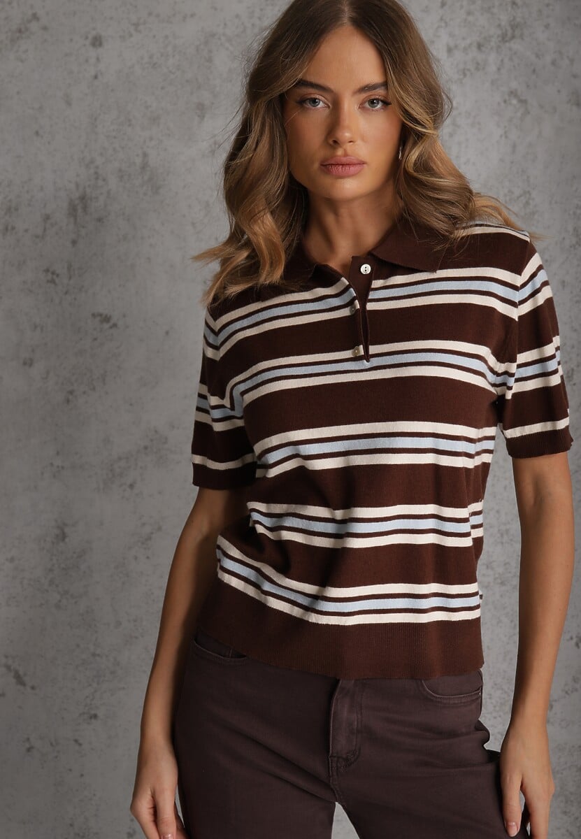 Brązowy T-shirt Polo z Wiskozą w Paski z Guzikami Vevevia 1