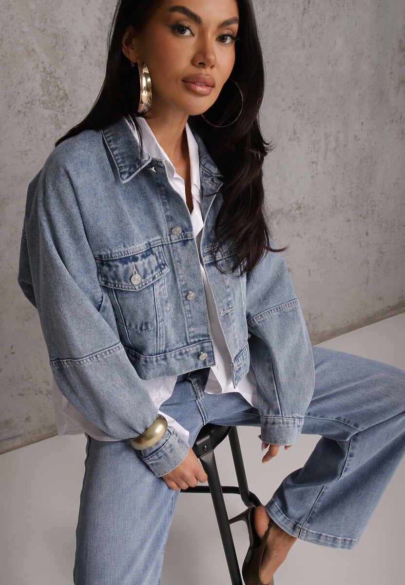 Niebieska Kurtka Jeansowa z Bawełny Typu Crop Bomber Jacket  Veloma 1