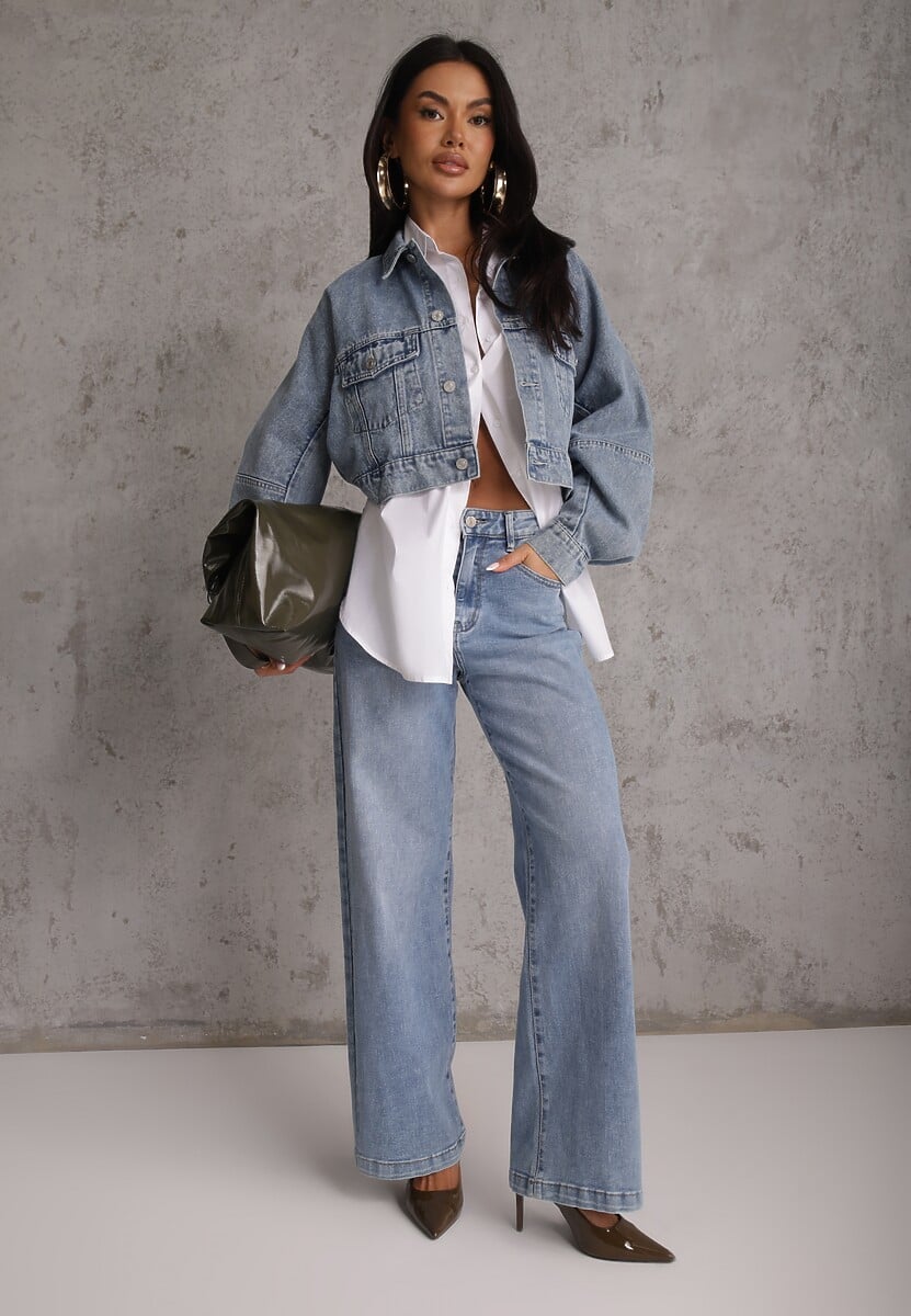 Niebieska Kurtka Jeansowa z Bawełny Typu Crop Bomber Jacket  Veloma 2