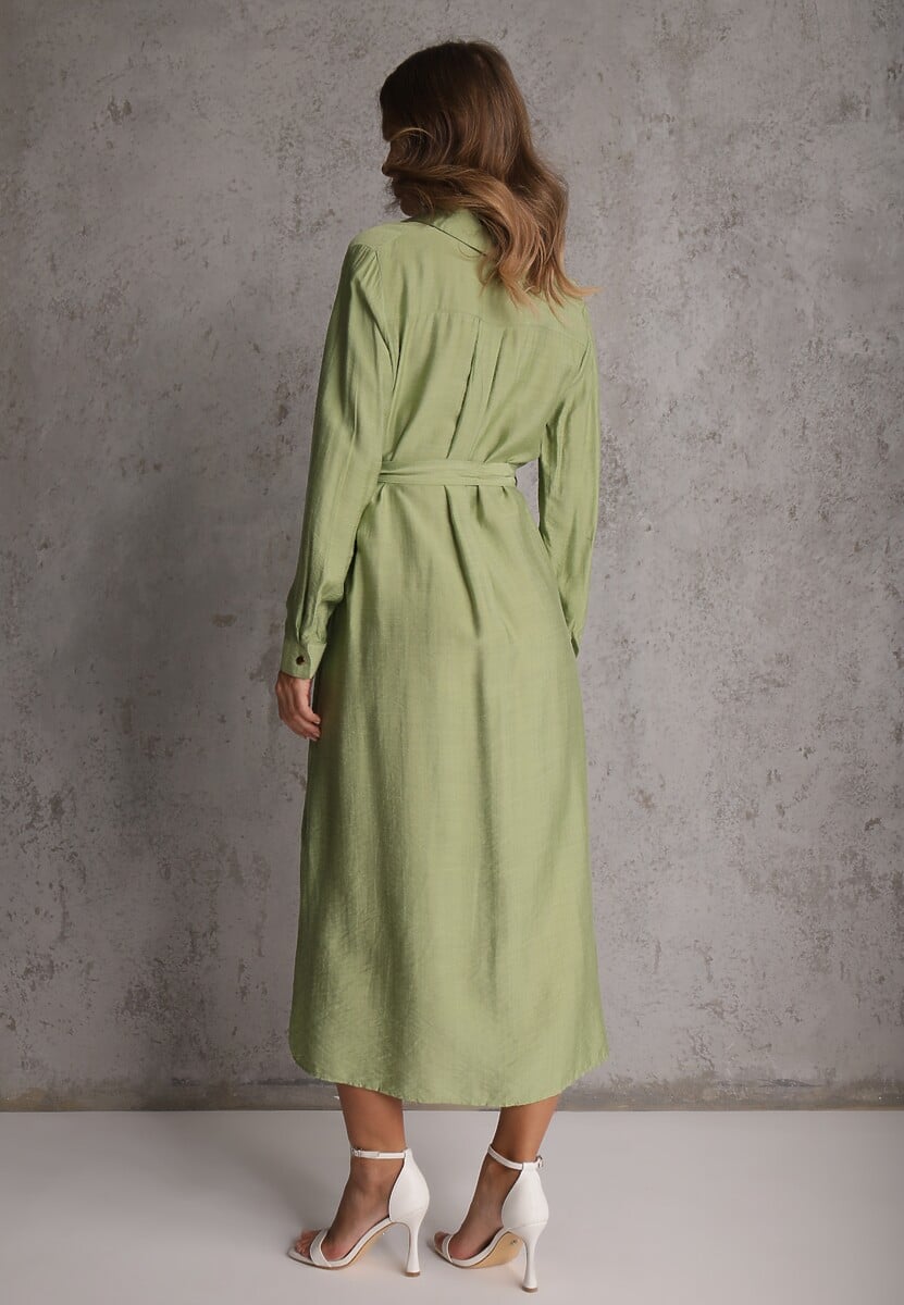 Zielona Sukienka z Wiskozą o Koszulowym Kroju z Wiązanym Paskiem Rissanni 3