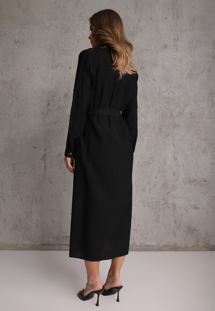 Czarna Sukienka z Wiskozą o Koszulowym Kroju z Wiązanym Paskiem Rissanni 3