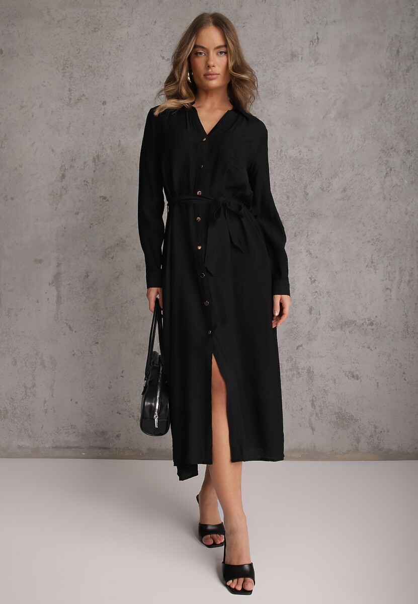 Czarna Sukienka z Wiskozą o Koszulowym Kroju z Wiązanym Paskiem Rissanni 2
