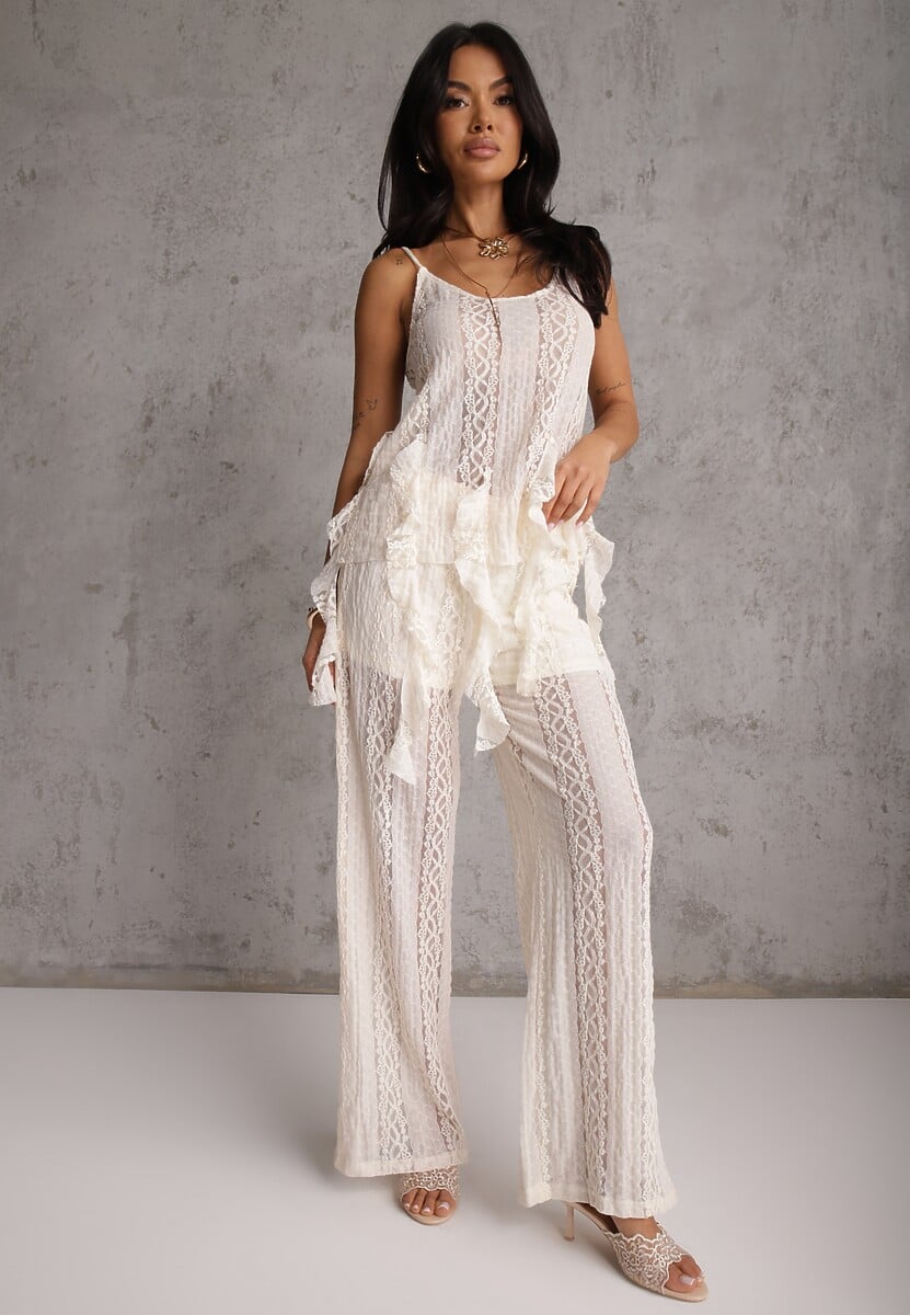 Beżowy Eteryczny Komplet z Koronką i Falbankami Top i Spodnie Wide Leg Pretilaine 2