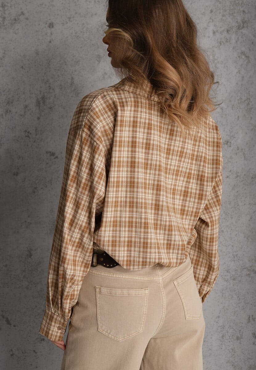 Beżowa Koszula z Bawełny Typu Crop w Kratę Ozdobiona Marszczeniem Risettes 3