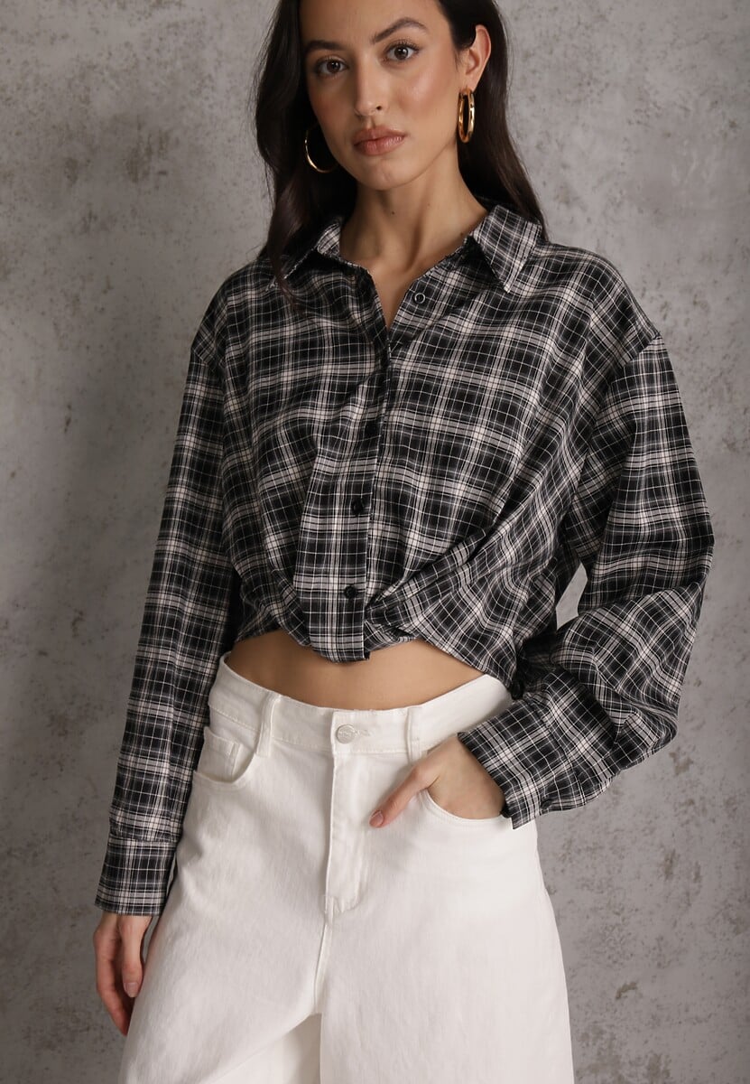 Czarna Koszula z Bawełny Typu Crop w Kratę Ozdobiona Marszczeniem Risettes 1