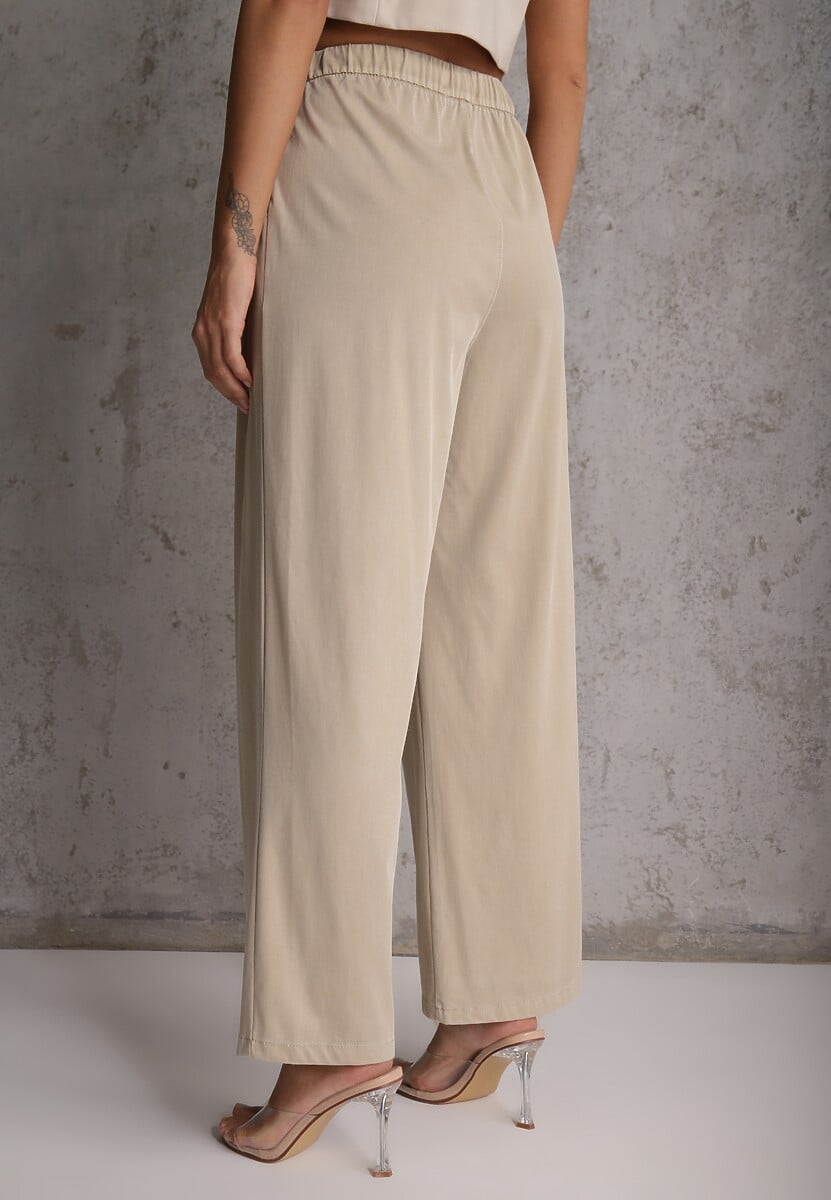 Beżowe Szerokie Spodnie Wiskozą Bawełną i Elastyczną Talią ze  Sznurkiem Arkinae 3