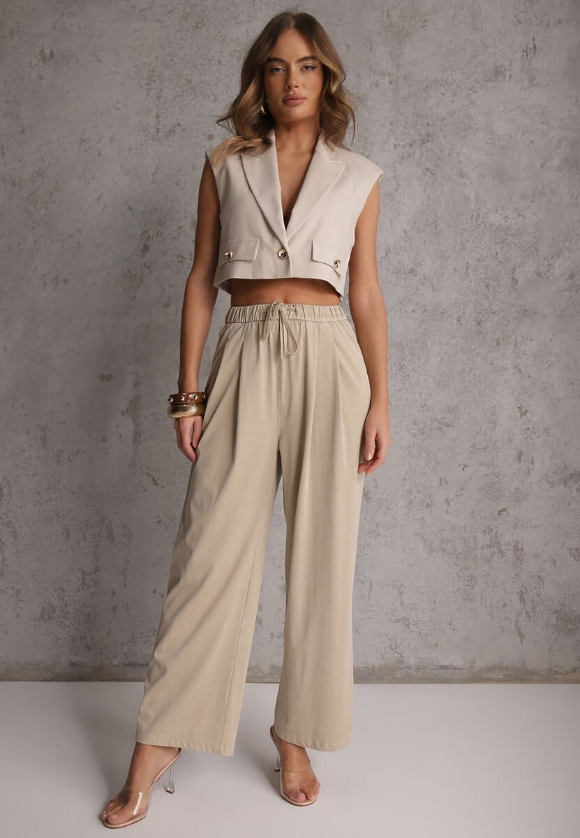 Beżowe Szerokie Spodnie Wiskozą Bawełną i Elastyczną Talią ze  Sznurkiem Arkinae 1