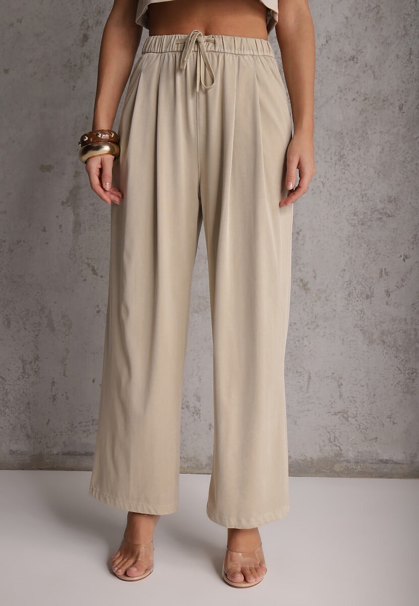 Beżowe Szerokie Spodnie Wiskozą Bawełną i Elastyczną Talią ze  Sznurkiem Arkinae 2