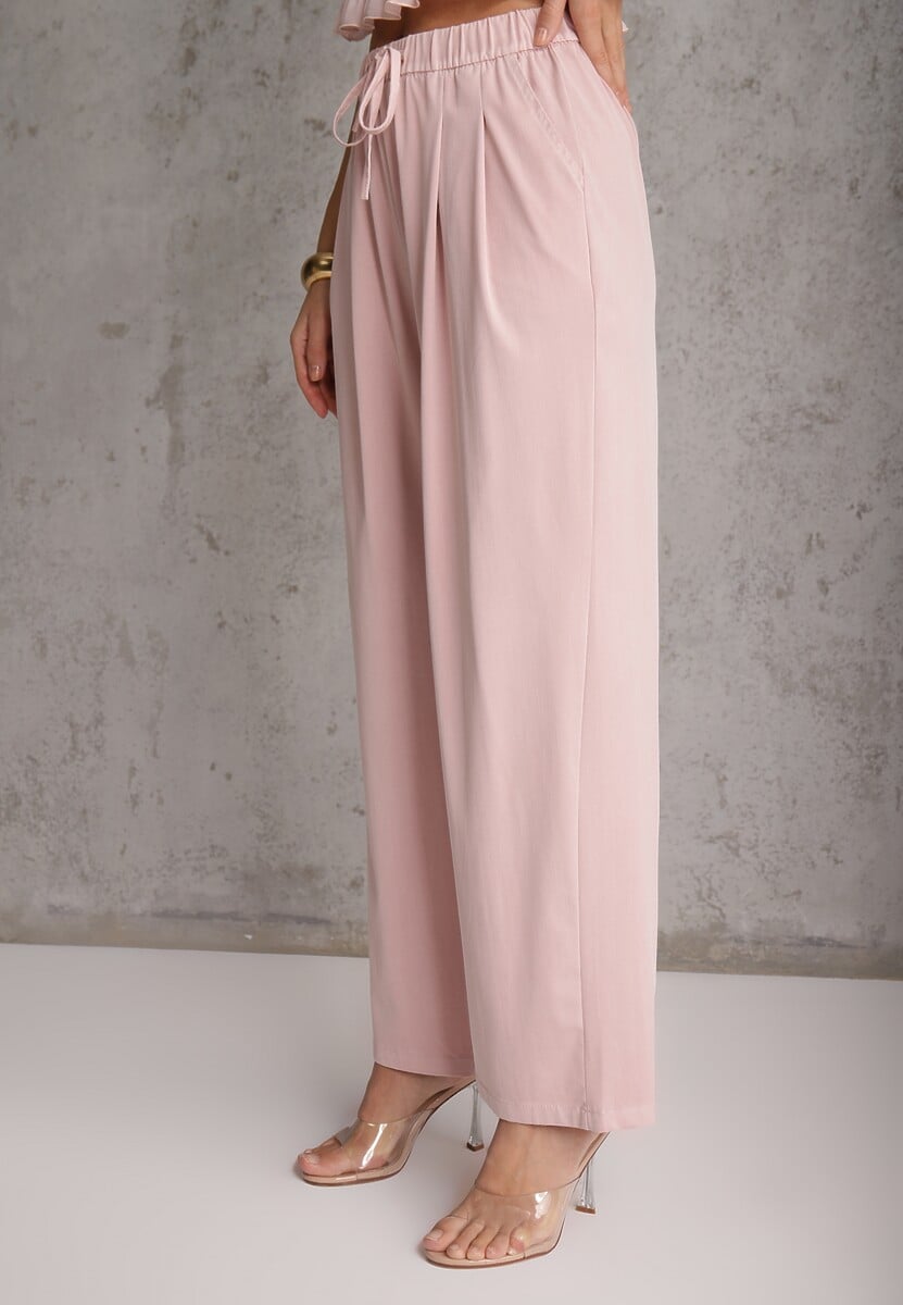 Różowe Szerokie Spodnie Wiskozą Bawełną i Elastyczną Talią ze  Sznurkiem Arkinae 3