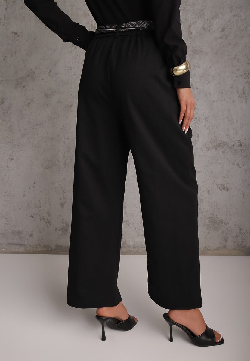 Czarne Bawełniano-Wiskozowe Spodnie Wide Leg z Paskiem Typu Apaszka Arlethia 3