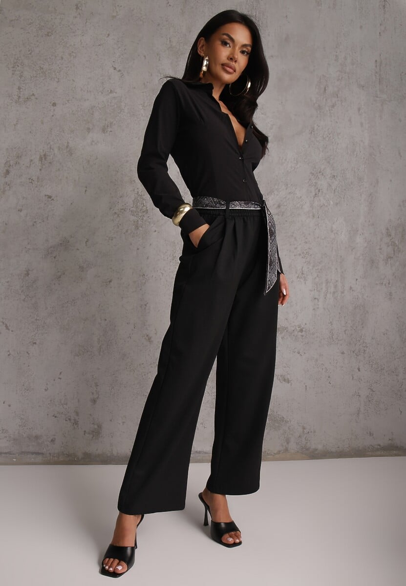 Czarne Bawełniano-Wiskozowe Spodnie Wide Leg z Paskiem Typu Apaszka Arlethia 1