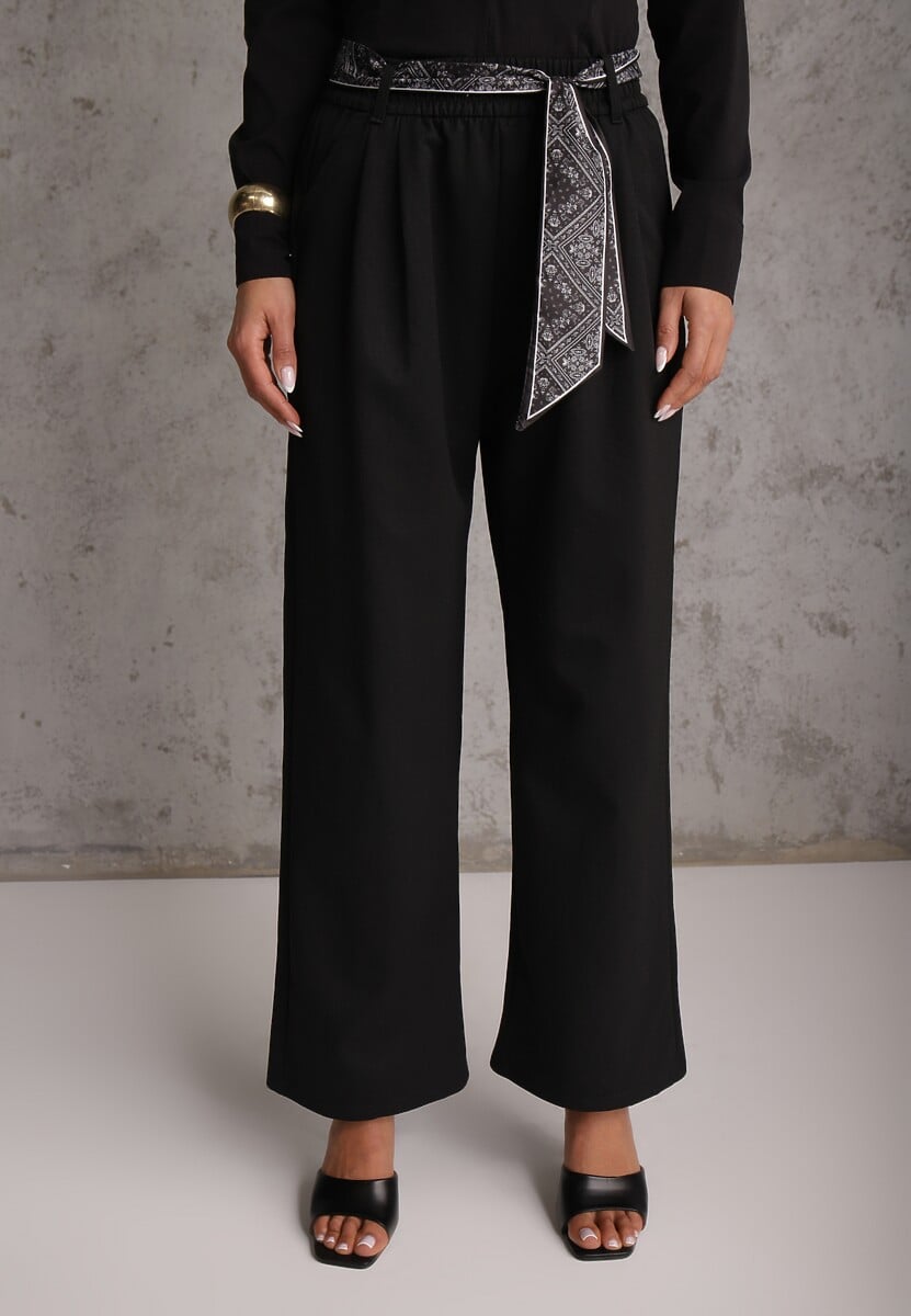 Czarne Bawełniano-Wiskozowe Spodnie Wide Leg z Paskiem Typu Apaszka Arlethia 2