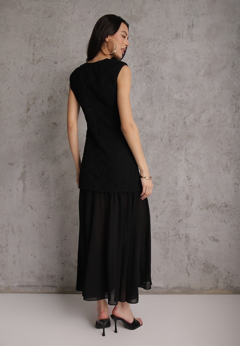 Czarna Ażurowa Sukienka z Transparentnym Dołem i Usztywnionymi Ramionami Semiris 3