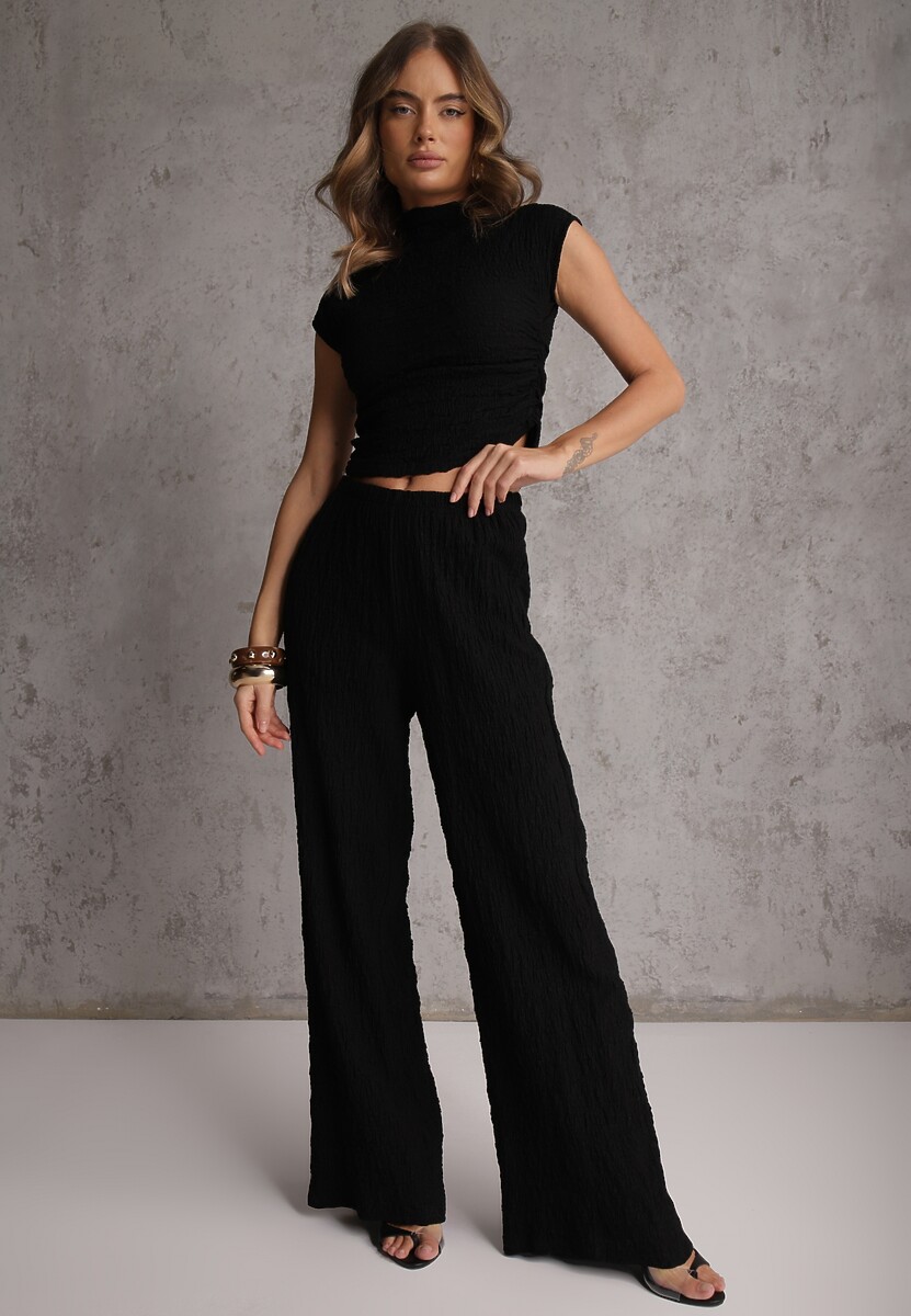 Czarny Komplet Spodnie Wide Leg i Top ze Stójką i Drapowaniem w Talii Meridone 1
