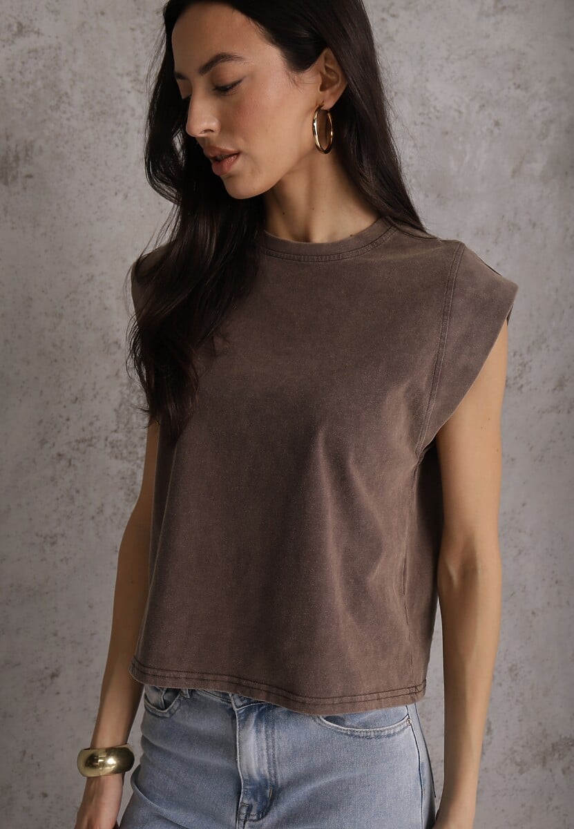 Brązowy Top z Bawełny w Stylu Grunge z Szeroką Linią Ramion Tezorea 1