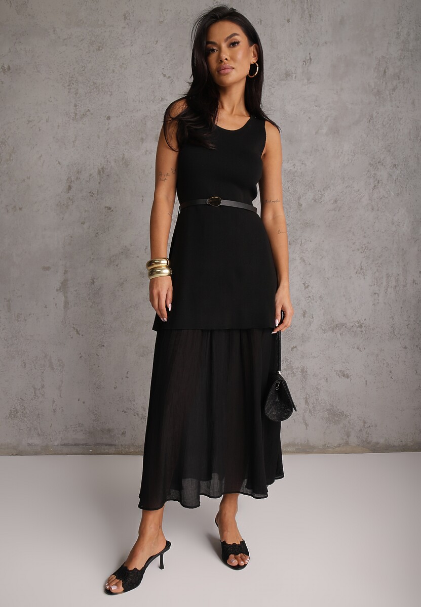 Czarna Dzianinowa Sukienka z Wiskozą Zdobiona Podszewką i Paskiem z Klamrą Arkilia 2