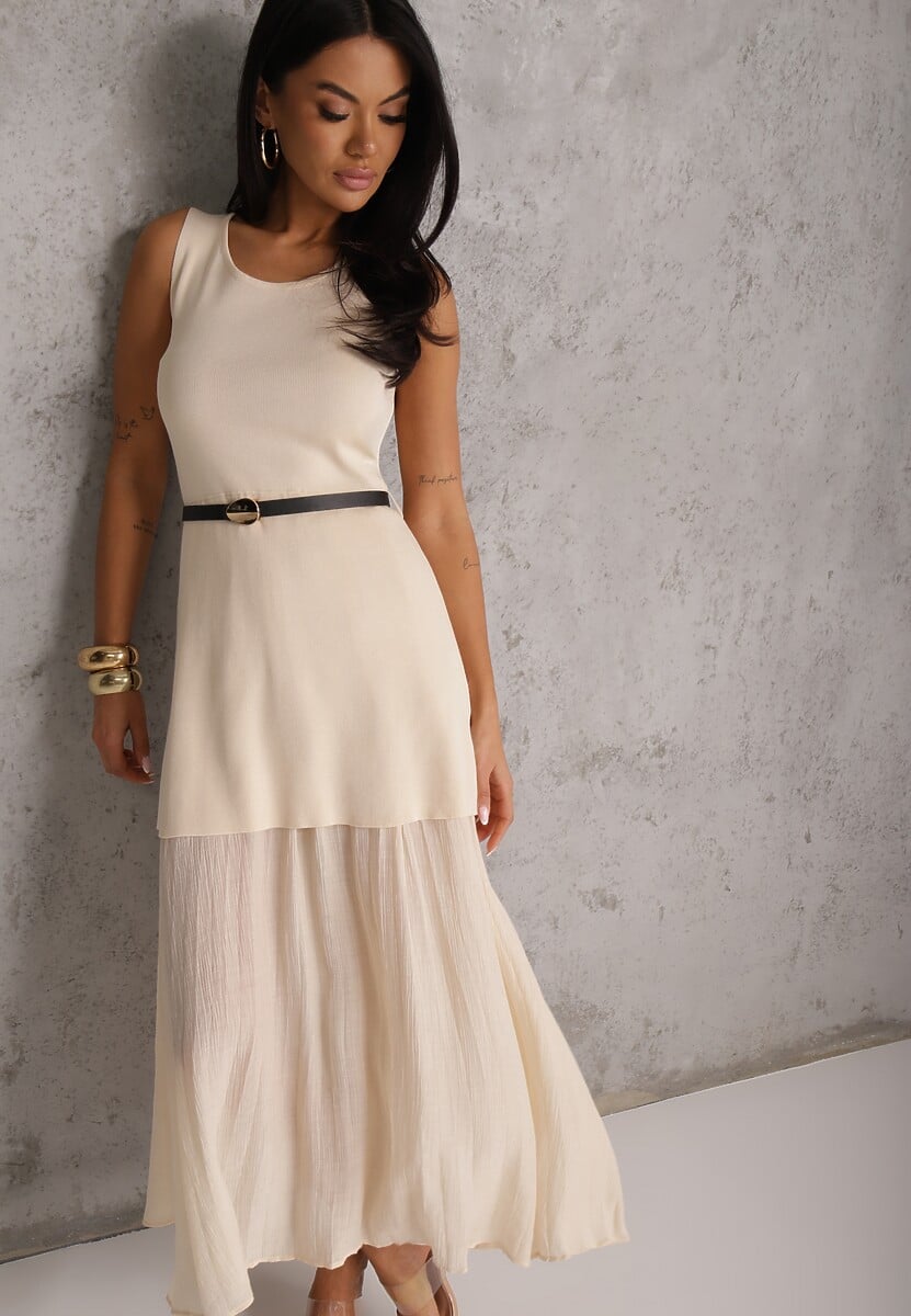 Beżowa Dzianinowa Sukienka z Wiskozą Zdobiona Podszewką i Paskiem z Klamrą Arkilia 1