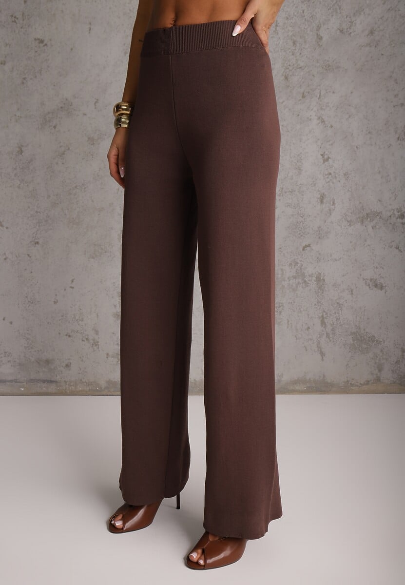 Brązowy Komplet z Dzianiny z Wiskozą Spodnie Wide Leg i Top z Guzikami Merice 2