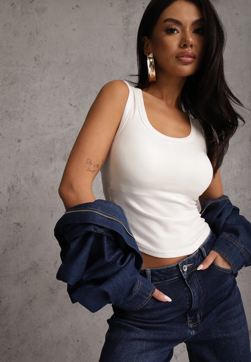 Biały Wiskozowy Top Dopasowany z Kwadratowym Dekoltem Bez Rękawów Bilincja 1