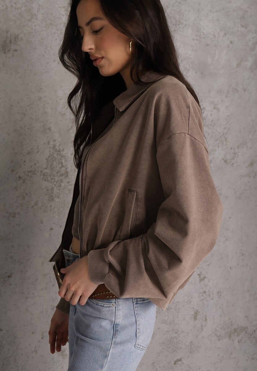 Beżowa Bluza Bomberka z Bawełny Oversize Ozdobiona Kołnierzem Vimelles 1