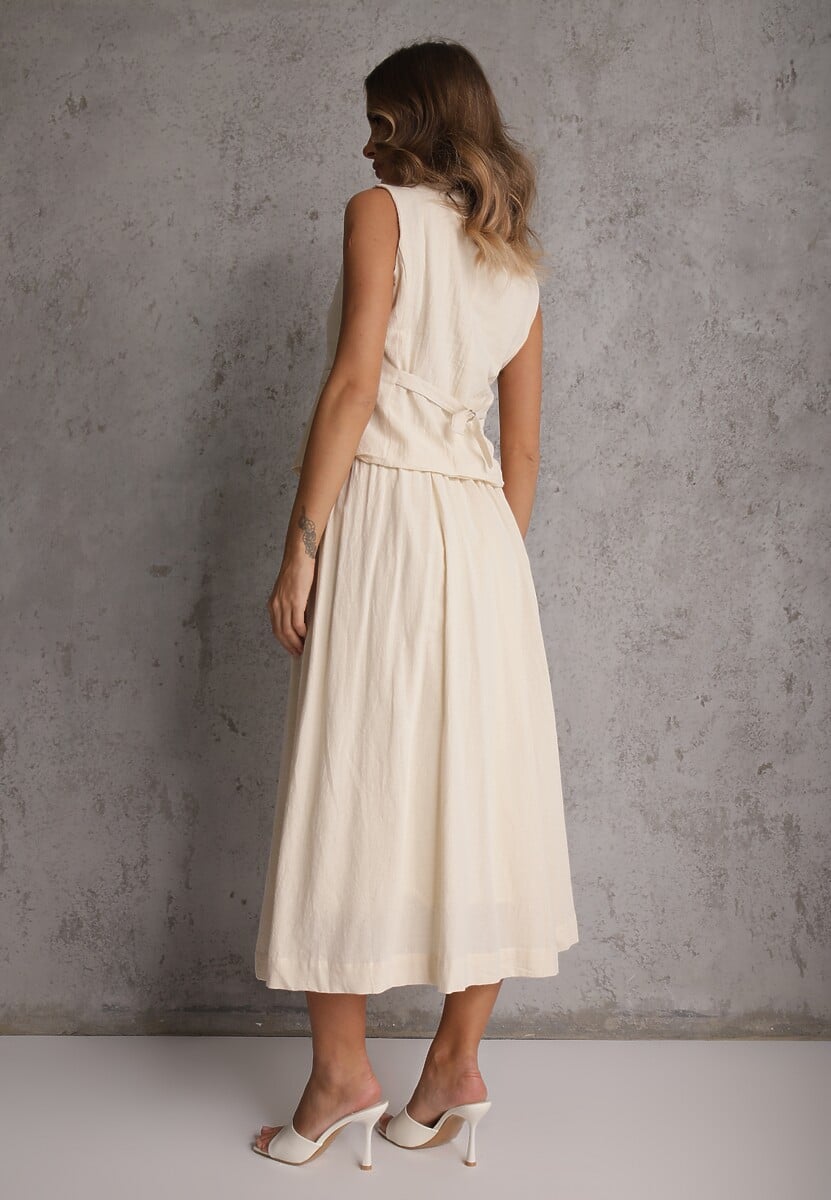 Beżowy Komplet z Bawełny Kamizelka i Spódnica o Rozkloszowanym Kroju Movenae 3