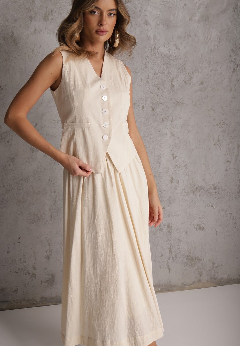 Beżowy Komplet z Bawełny Kamizelka i Spódnica o Rozkloszowanym Kroju Movenae 1