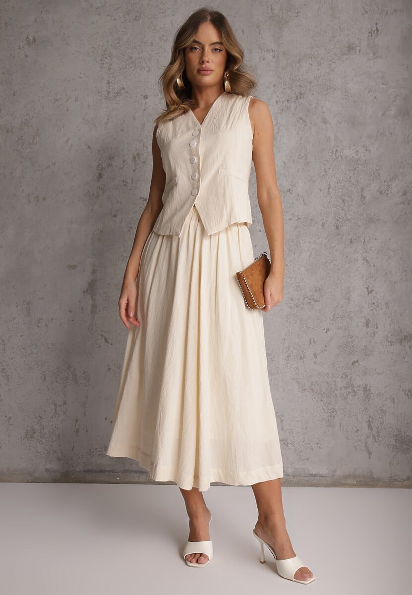 Beżowy Komplet z Bawełny Kamizelka i Spódnica o Rozkloszowanym Kroju Movenae 2