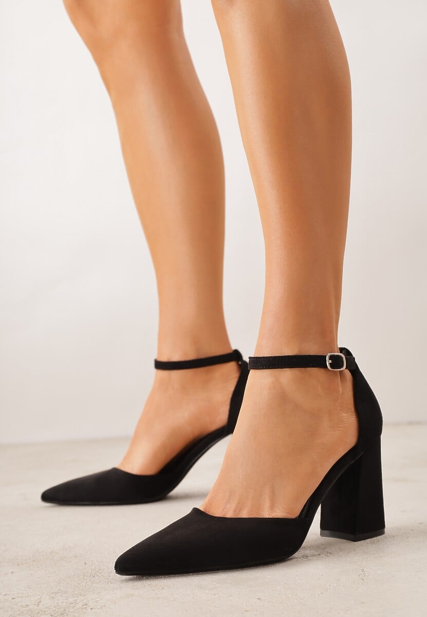 Czarne Czółenka z Imitacji Zamszu na Słupkowym Obcasie ze Szpiczastym Noskiem Hadina 2