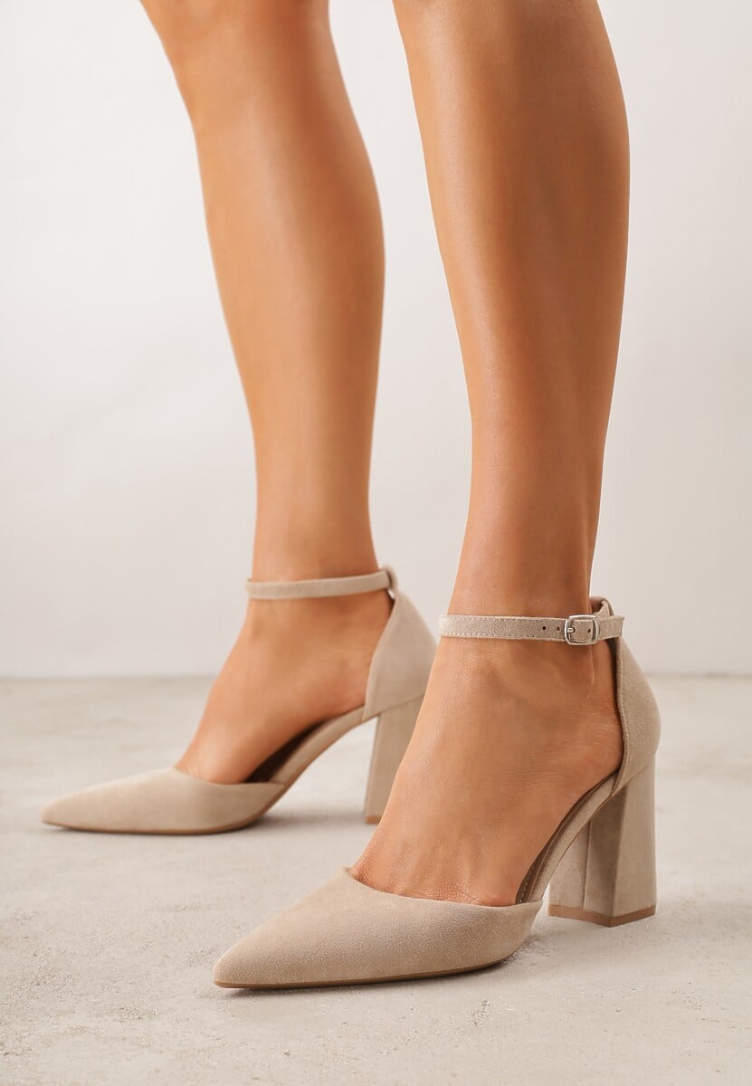 Ciemnobeżowe Czółenka z Imitacji Zamszu na Słupkowym Obcasie ze Szpiczastym Noskiem Hadina 1