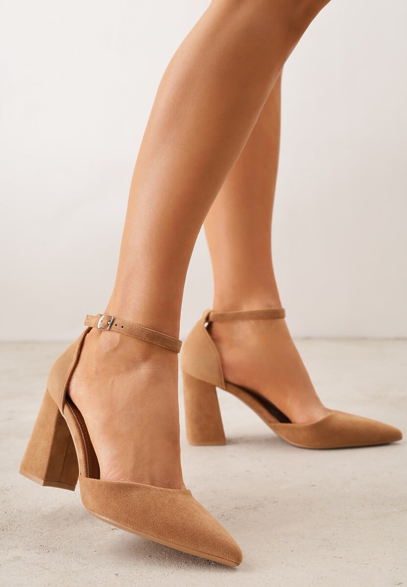 Jasnobrązowe Czółenka z Imitacji Zamszu na Słupkowym Obcasie ze Szpiczastym Noskiem Hadina 2