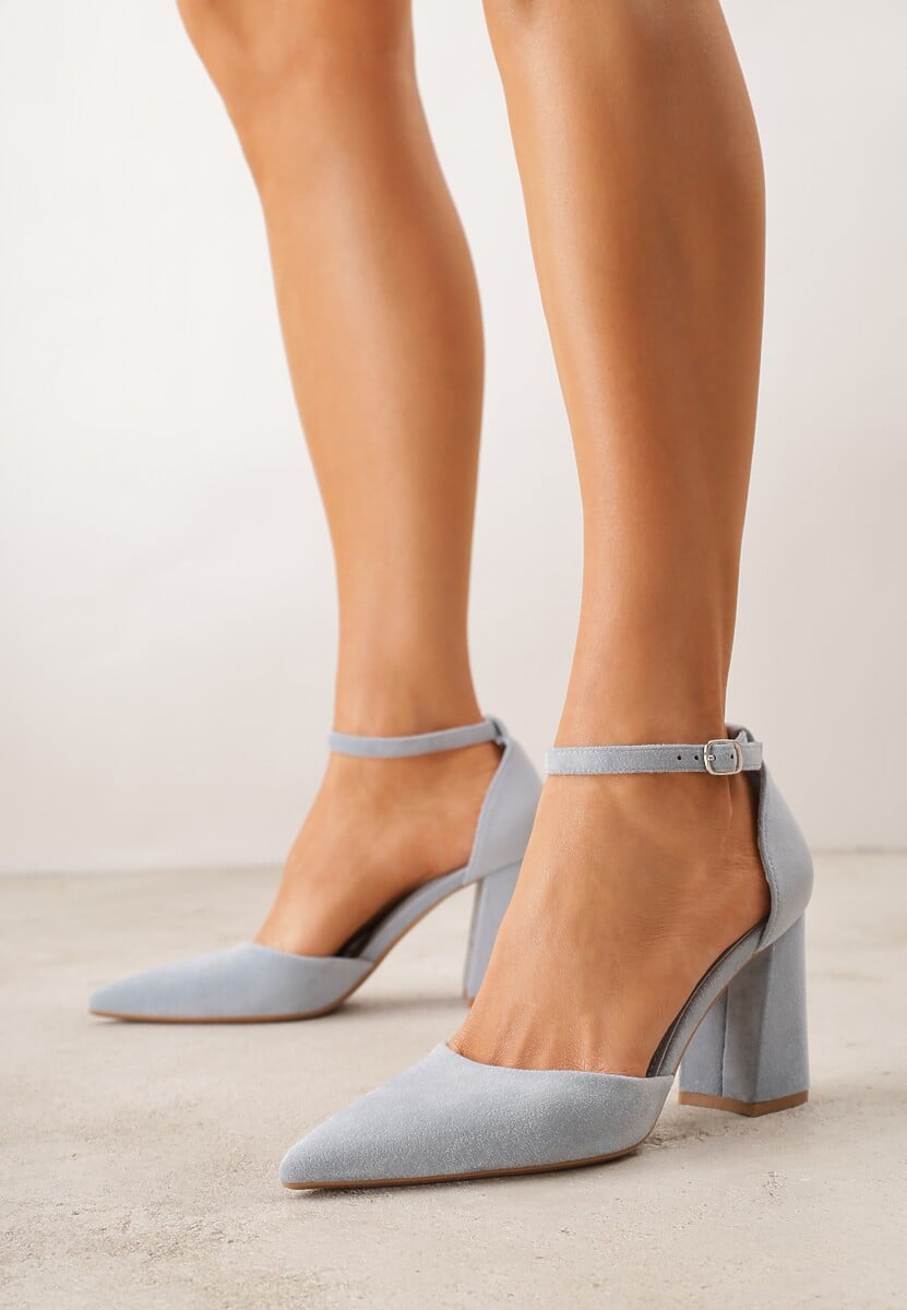 Niebieskie Czółenka z Imitacji Zamszu na Słupkowym Obcasie ze Szpiczastym Noskiem Hadina 1