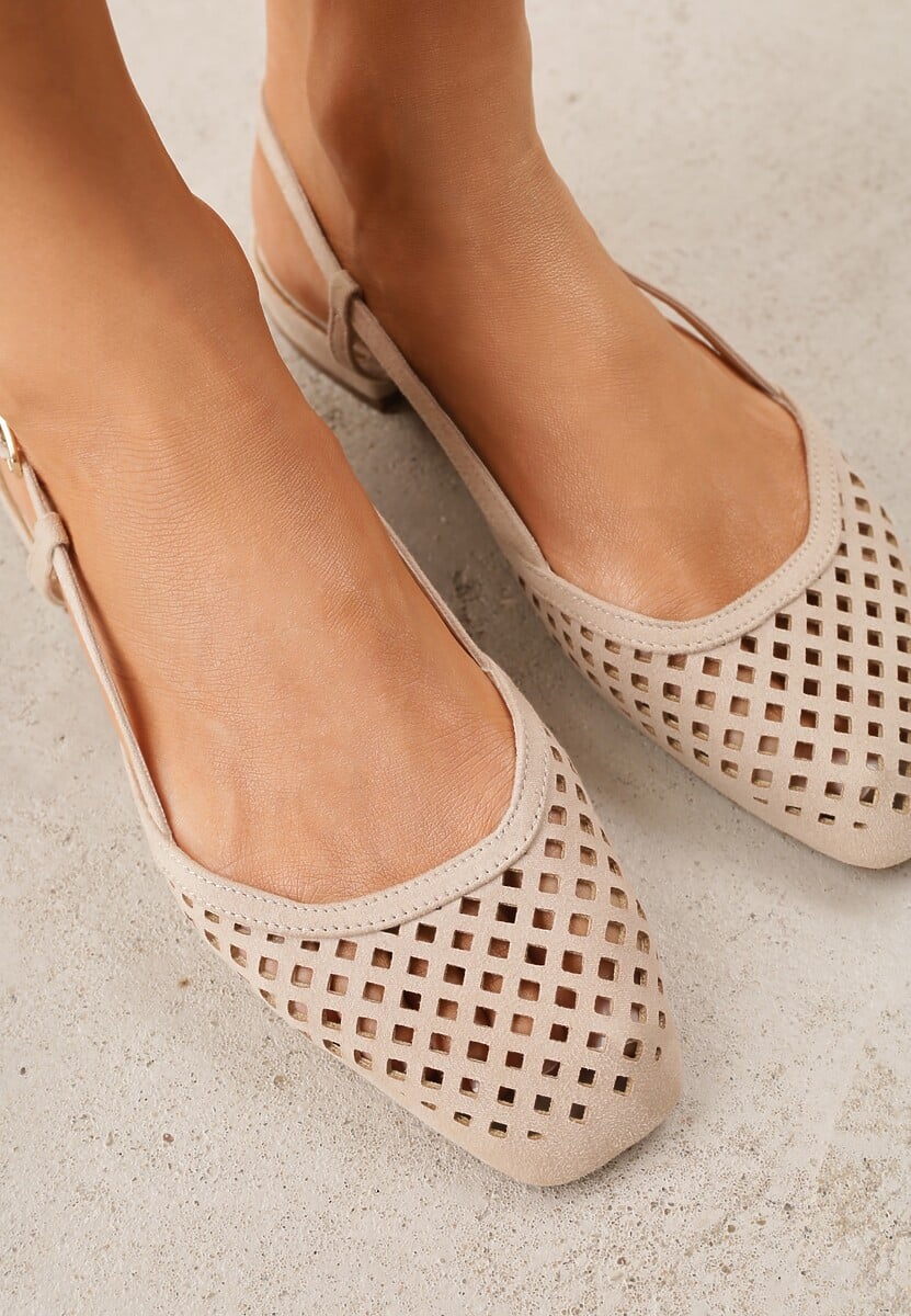 Ciemnobeżowe Sandały Slingback z Kwadratowym Noskiem i Ażurową Cholewką Jurria 3