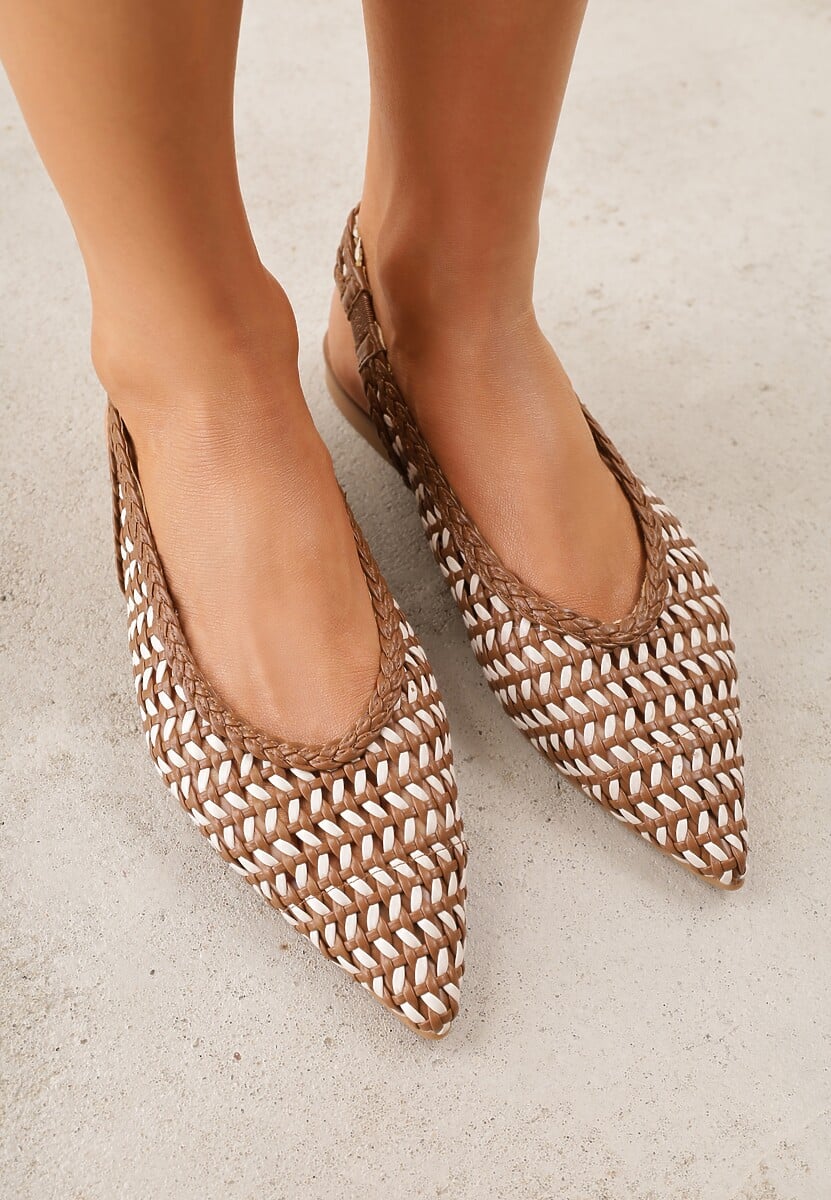 Brązowe Baleriny Slingback z Plecionki ze Szpiczastym Noskiem Eupheleta 1