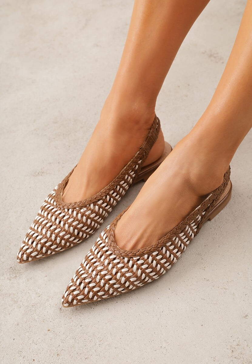 Brązowe Baleriny Slingback z Plecionki ze Szpiczastym Noskiem Eupheleta 2