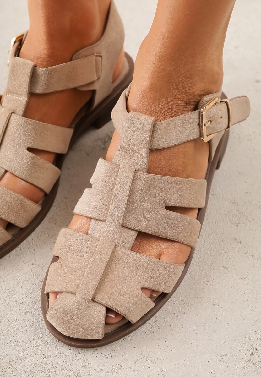 Ciemnobeżowe Sandały o Fasonie Gladiatorek z Paskiem ze Sprzączką Abma 3