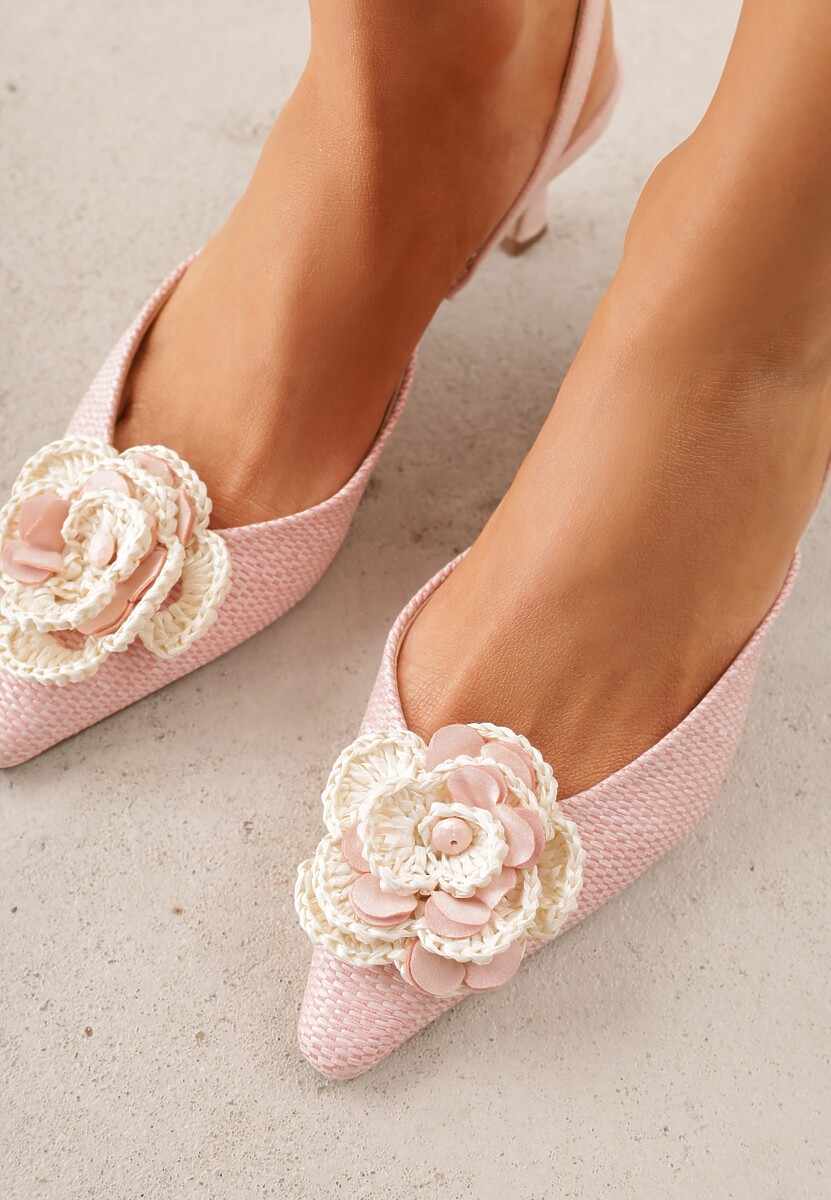 Różowe Sandały Slingback na Kaczuszce z Tweedowymi Wstawkami i Kwiatem 3D Zehe 3