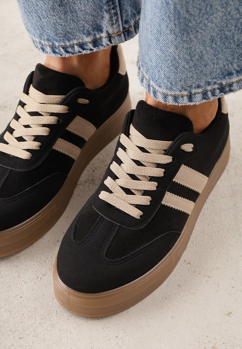Czarne Sneakersy na Platformie w Stylu Tenisówek Ozdobione Paskami Ladia 3